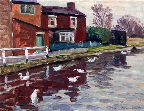 William Warden Oil (1908-1982) Ducks on a canal, Maghall, Liverpool(-)